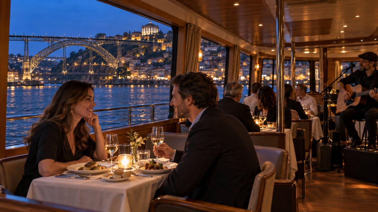 Dinner on board with live music and Porto lit at the windows