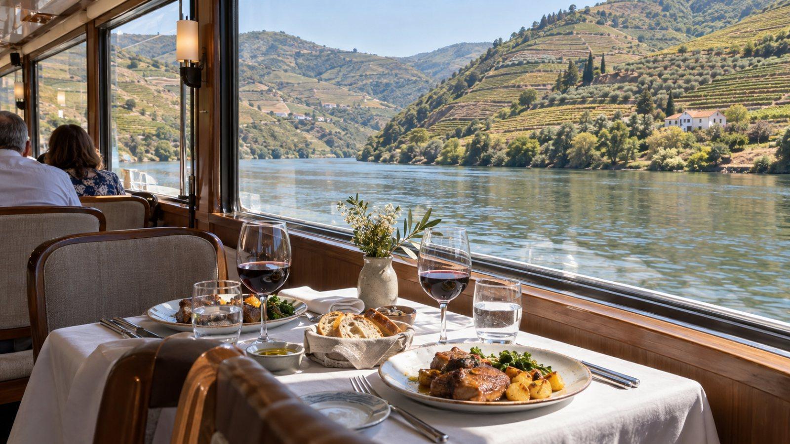 Lunch served at the table on board, the valley at the windows