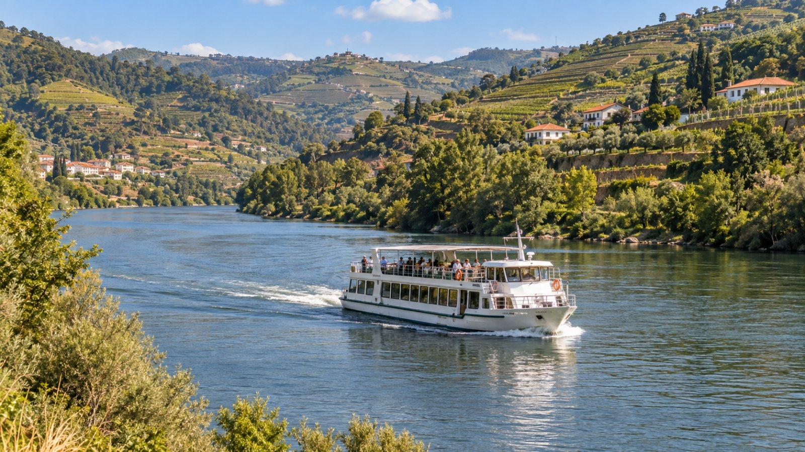 A cruise boat heading upriver between green hillsides
