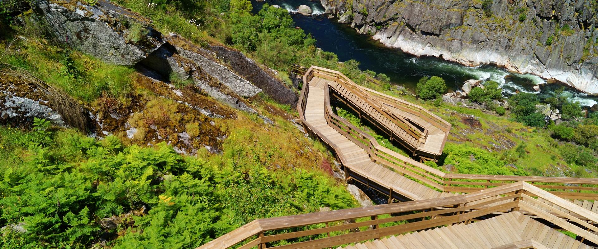 Os Passadiços do Paiva serpenteiam ao longo da margem do Paiva, um dos rios afluentes do Douro