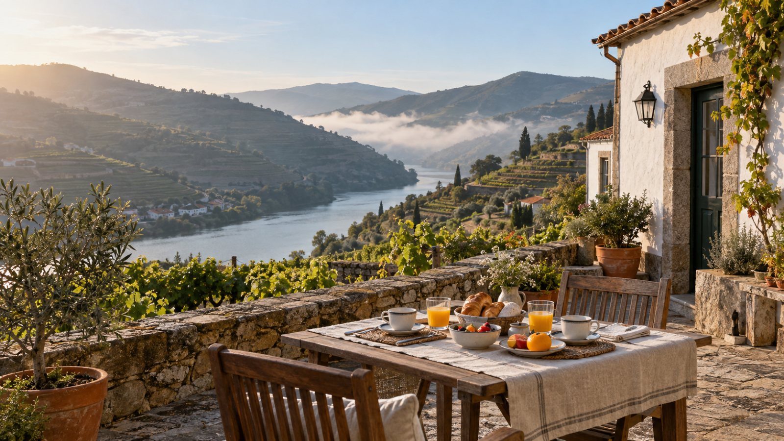 Breakfast on the quinta terrace, mist still in the valley